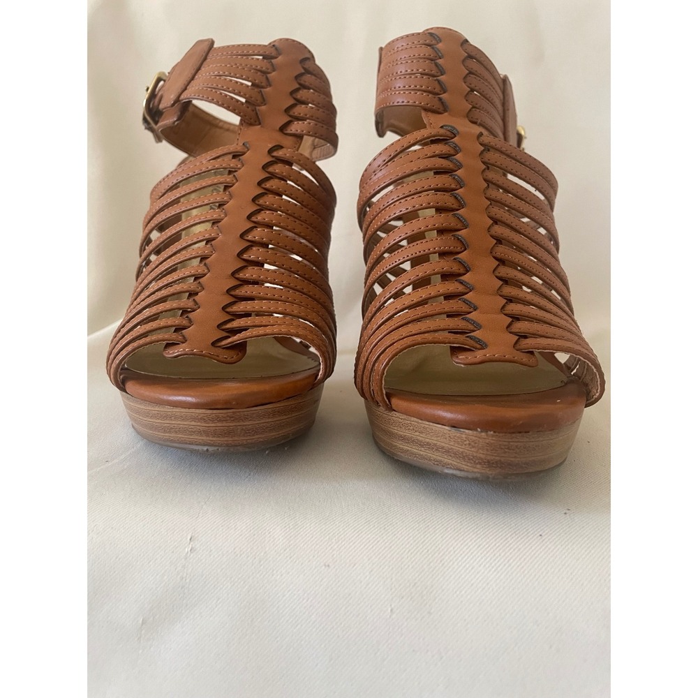 Delicious Cognac Strappy Platform Stiletto Heels Gladiator Sandals Size 8 - Picture 4 of 12